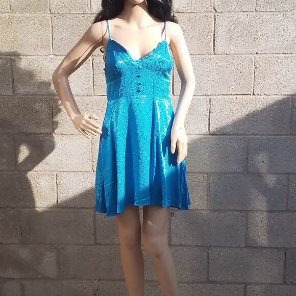 Zara Slip Dress‎ Blue Sz M Silky Mini Aqua Leopard Print Strappy Sweetheart Neck - Picture 1 of 14